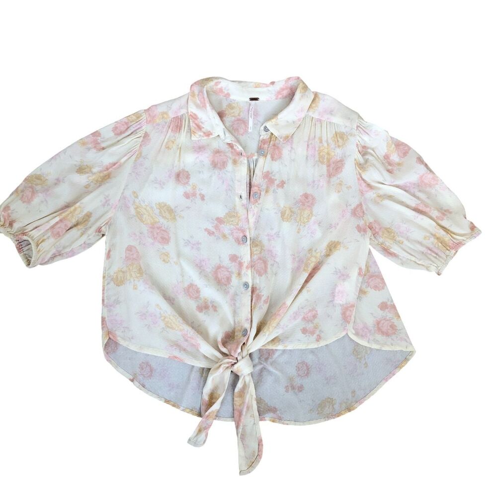 Free People Romantic Feminine 100% Rayon Boho Cottagecore Puff Sleeve Blouse S - Picture 2 of 14